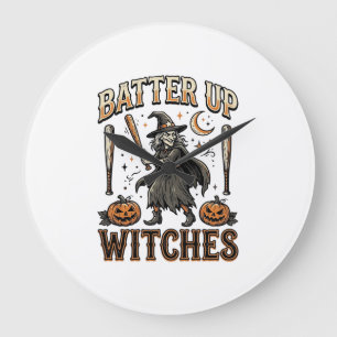 Batter Up Witches Vintage Halloween Baseball Desig Large Clock