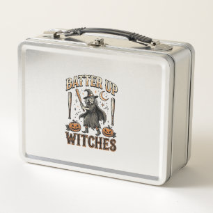 Batter Up Witches Vintage Halloween Baseball Desig Metal Lunch Box