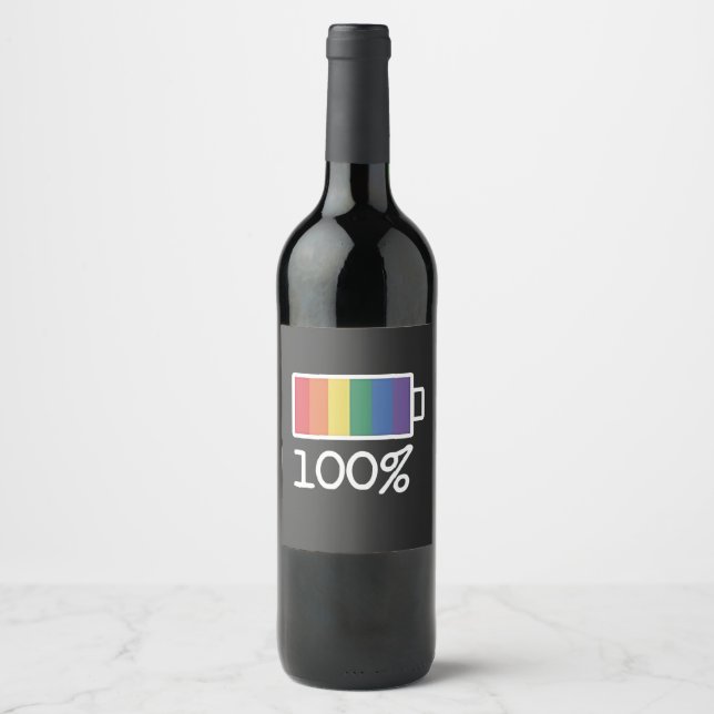 Battery 100% Gay Funny LGBT Pride Month Equality  Wine Label (Front)