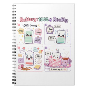 Battery 100% vs Reality Funny Low Battery Kawaii Notebook