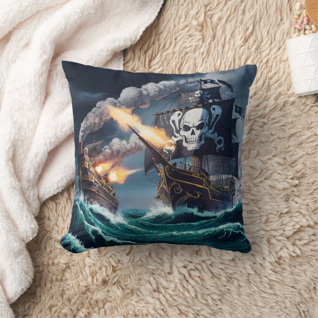 Battle Between Pirate Ship and Naval Vessel at Sea Cushion (Blanket)