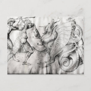 Battle between warriors and a dragon, c.1450 postcard