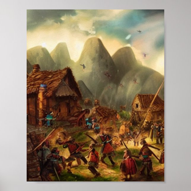 Battle in Village Digital Art Poster (Front)
