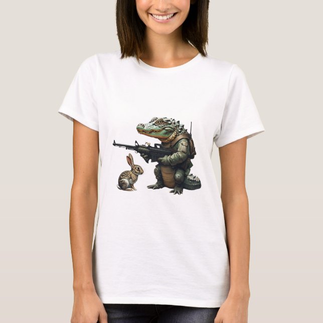 Battle-Ready Alligator and Curious Rabbit T-Shirt (Front)