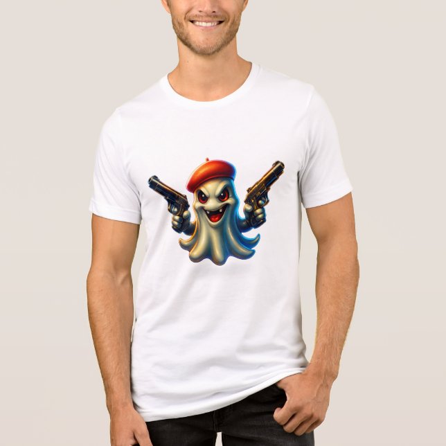 Battle-Ready Ghost Tee – Funny Armed Cartoon Ghost (Front)