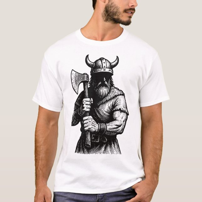Battle ready Viking with an axe, comic line art T-Shirt (Front)