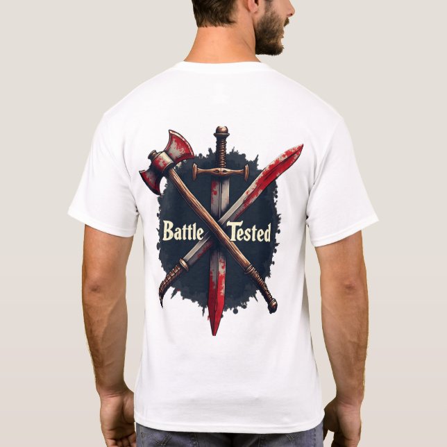 Battle Tested - Mediaeval Weapons Warrior Art Desi T-Shirt (Back)