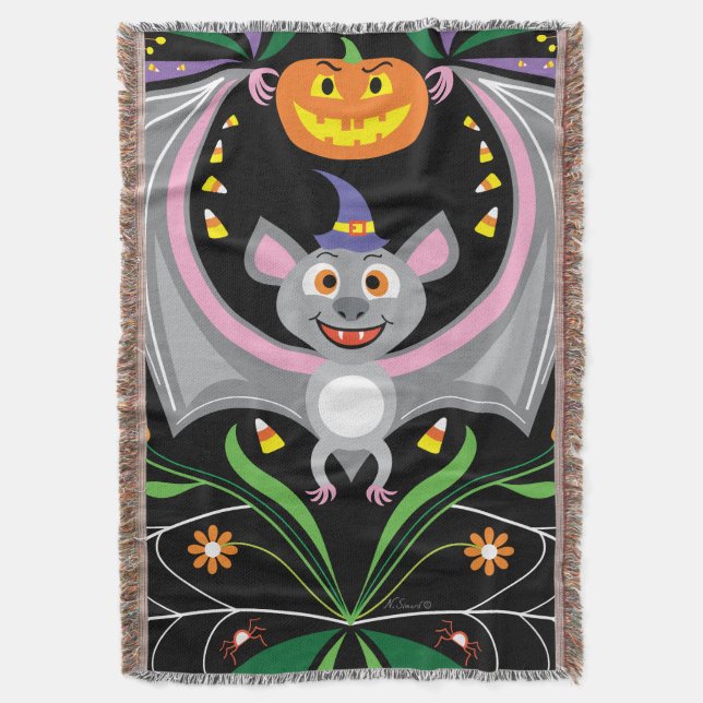 Batty Midnight Pumpkin Patch Throw Blanket (Front Vertical)