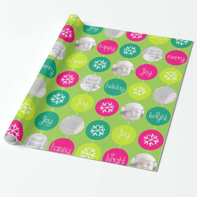 Bauble green pattern Christmas family photo Wrapping Paper (Unrolled)