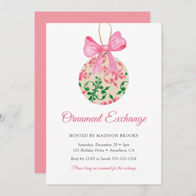 Bauble Pink Bow Ornament Exchange Christmas Party Invitation (Front/Back)