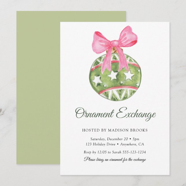 Bauble Pink Bow Ornament Exchange Christmas Party Invitation (Front/Back)