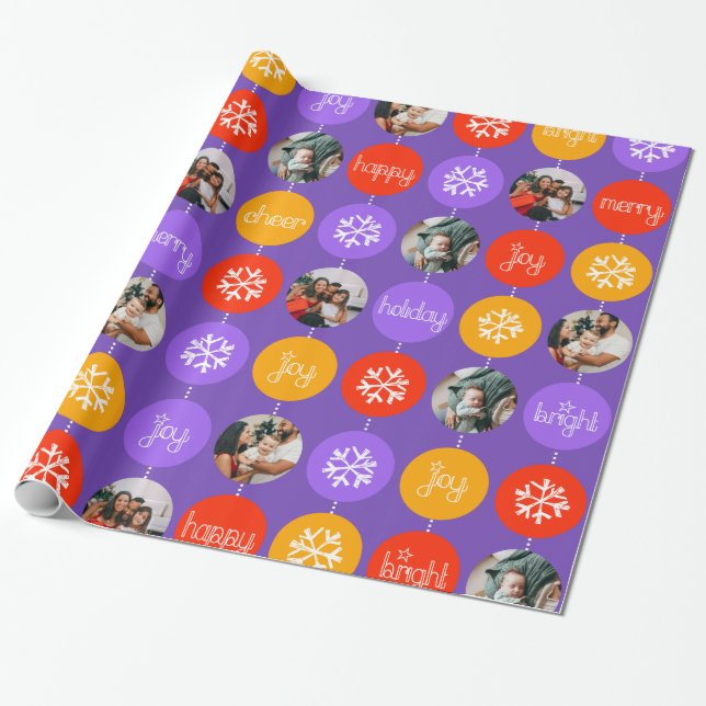 Bauble purple orange pattern Christmas photo Wrapping Paper (Unrolled)