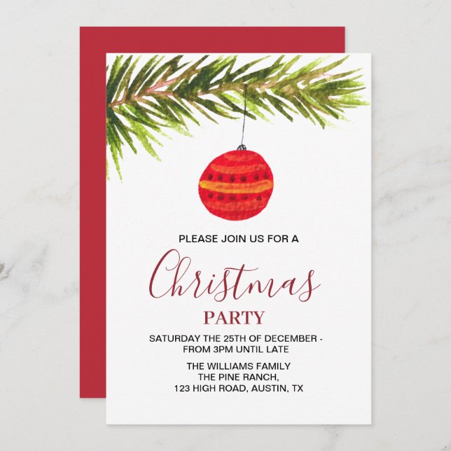 Bauble Vintage Retro Red Christmas Party  Invitation (Front/Back)
