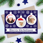 Baubles Photo Collage Merry Christmas Blue & White Holiday Card<br><div class="desc">A photo Christmas card for a family with kids. It has 3 white baubles with round photos in them: a girl, a boy and a baby, all with red Santa hats. The baubles are surrounded by white snowflakes. The message Merry Christmas is written in a white ribbon frame, with the...</div>