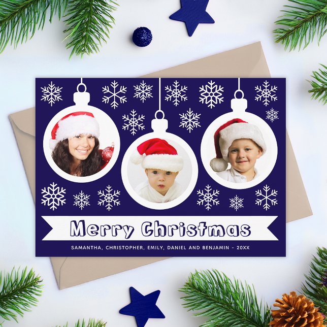 Baubles Photo Collage Merry Christmas Blue & White Holiday Card (Creator Uploaded)