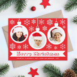 Baubles Photo Collage Red & White Merry Christmas  Holiday Card<br><div class="desc">A photo Christmas card for a family with kids. It has 3 white baubles with round photos in them: a girl, a boy and a baby, all with red Santa hats. The baubles are surrounded by white snowflakes. The message Merry Christmas is written in a white ribbon frame, with the...</div>