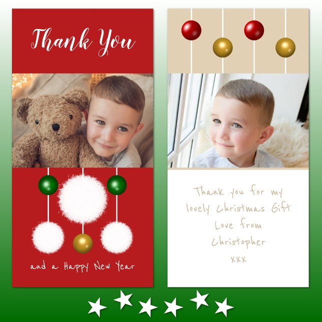 Baubles snowballs and photos red ivory Christmas Thank You Card (Creator Uploaded)