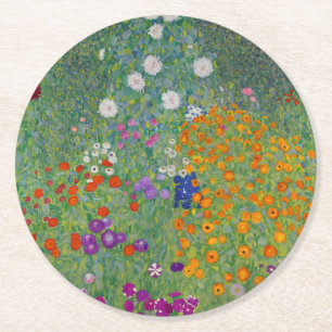 Bauerngarten, Oil Painting, Gustav Klimt Round Paper Coaster