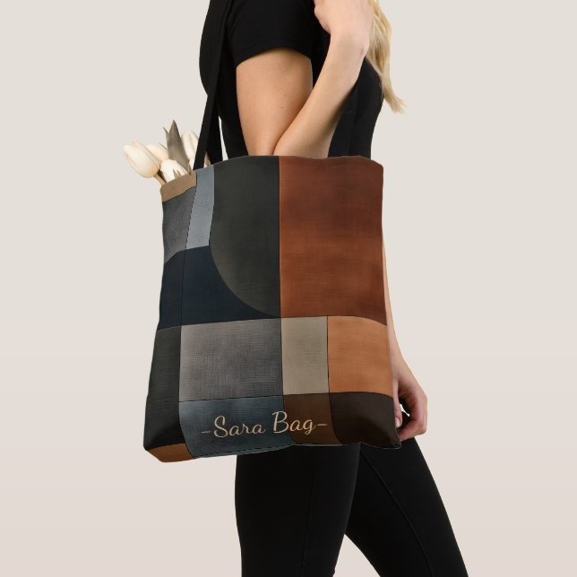 Bauhaus Geometric Pattern Custom Name Tote Bag  (Close Up)