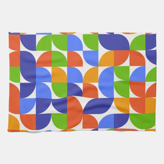 Bauhaus Mid Century Pattern Blue, Orange, Green  Tea Towel (Horizontal)