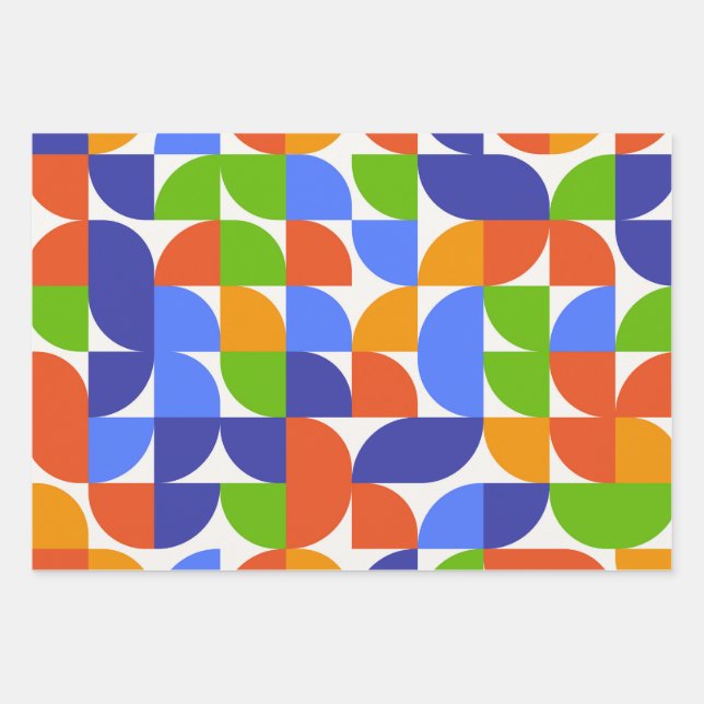 Bauhaus Mid Century Pattern Blue, Orange, Green  Wrapping Paper Sheet (Front)