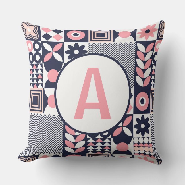 Bauhaus Retro Floral Geometric Name Alphabet Cushion (Front)