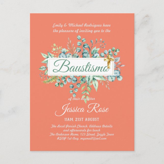 Baustismo Invitation Eucalyptus Greenery BUDGET Postcard (Front)