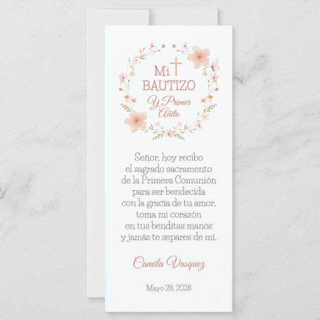 Bautism Favour Watercolor Pink Flowers Bookmark (Front)