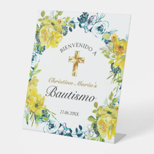 Bautismo de Niña Bonita Cruz Floral Amarillo Pedestal Sign