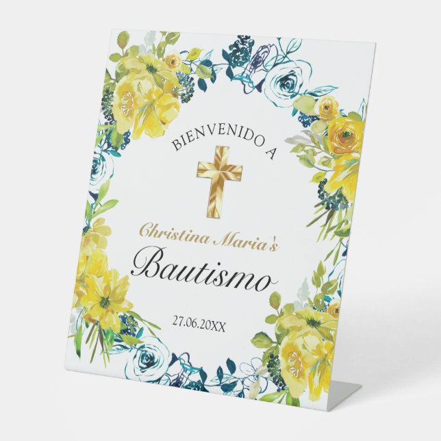 Bautismo de Niña Bonita Cruz Floral Amarillo  Pedestal Sign (Front)