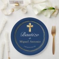 Bautizo Bebé Niño Cruz de Oro y Azul Marino 