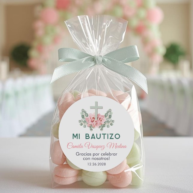 Bautizo Cute Pink Roses and Leaves Spanish Baptism Classic Round Sticker (Creator Uploaded)