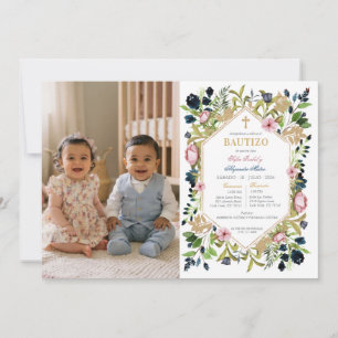 Bautizo Gemelos Niño y Niña Flores Rosas Azules Invitation
