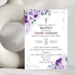Bautizo Invitación Baptism Cute Purple Flowers Invitation