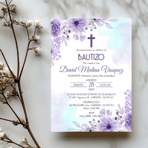 Bautizo Invitacion Baptism Elegant Purple Flowers Invitation