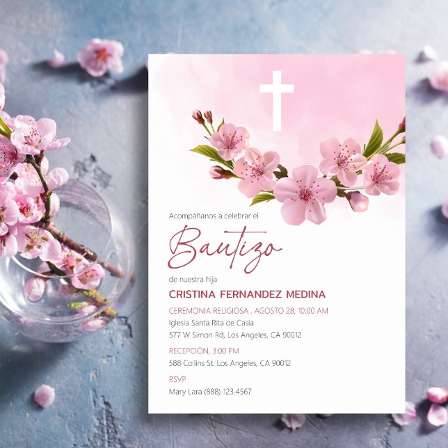 Bautizo Invitacion Baptism Japanese Pink Flowers Invitation (Creator Uploaded)
