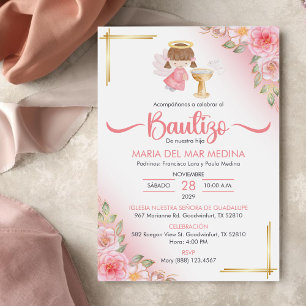 Bautizo Invitacion Cute Flowers Girl Angel Baptism Invitation