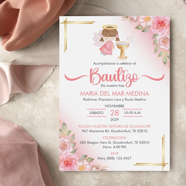 Bautizo Invitacion Cute Flowers Girl Angel Baptism Invitation (Creator Uploaded)