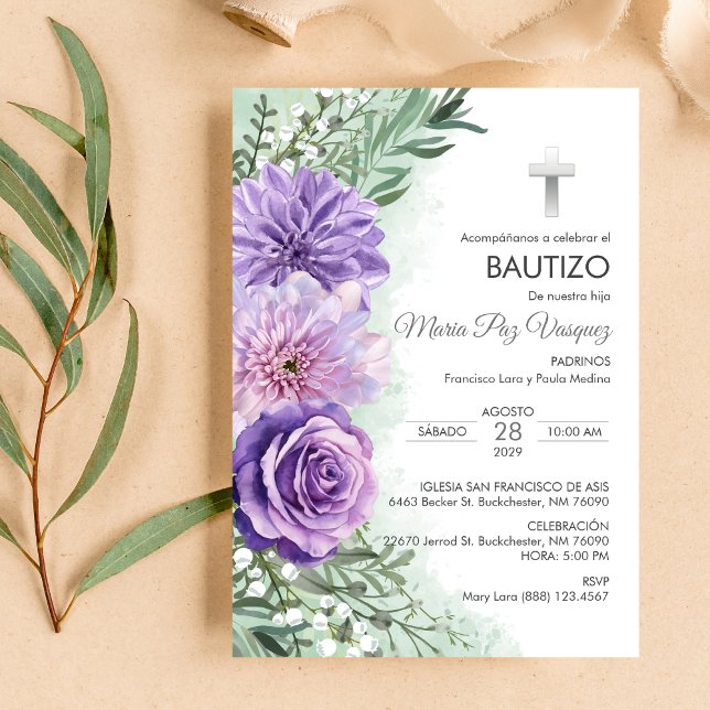 Bautizo Invitacion Cute Purple Flowers Christening Invitation (Creator Uploaded)