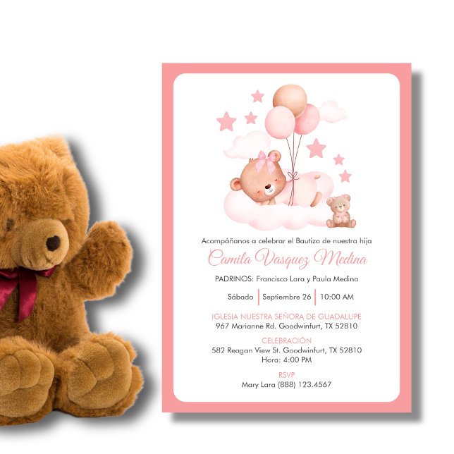 Bautizo Invitacion Cute Teddy Bear Girls Baptism Invitation (Creator Uploaded)