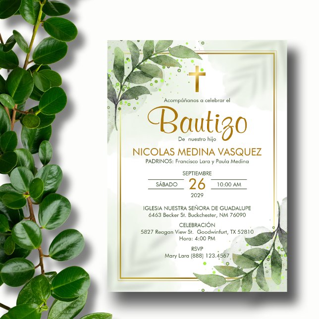 Bautizo Invitacion Greenery Religious Baptism Invitation (Creator Uploaded)