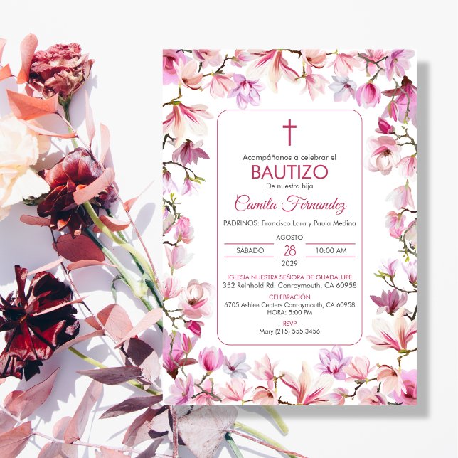 Bautizo Invitacion in spanish Baptism Pink Flowers Invitation (Creator Uploaded)