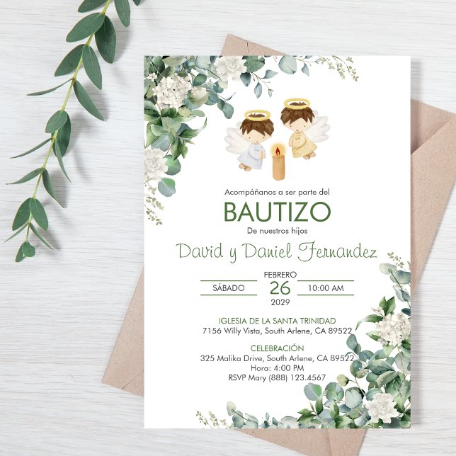 Bautizo Invitacion Twin boys Green Leaves Baptism Invitation (Creator Uploaded)