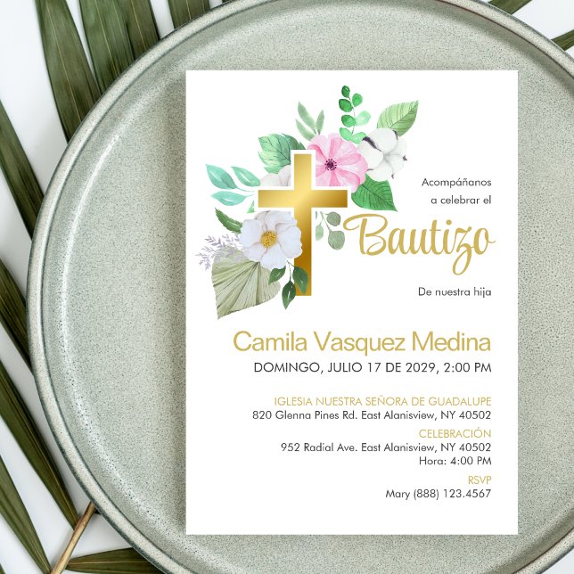 Bautizo Invitacion White Flowers Elegant Baptism Invitation (Creator Uploaded)