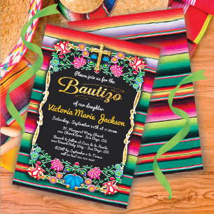Bautizo Mexican Fiesta Party Gold Glitter cross Invitation