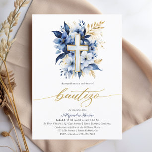 Bautizo Navy Blue & Gold Watercolor Spanish Invitation