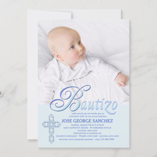Bautizo Word Blue Photo Invitation (Front)
