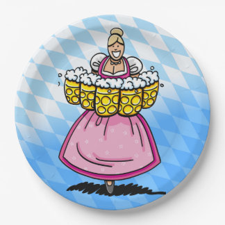 Bavarian Diamond Pattern Cartoon Waitress Beer Mug Paper Plate