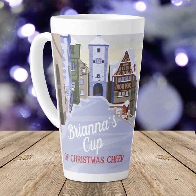 Bavarian, German Town Light Blue Christmas Coffee Latte Mug (personalized christmas coffee hot chocolate latte mug cup, Bavaria Bavarian German town Rothenburg)