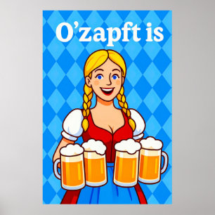 Bavarian Waitress with Beer Mugs Cartoon Poster